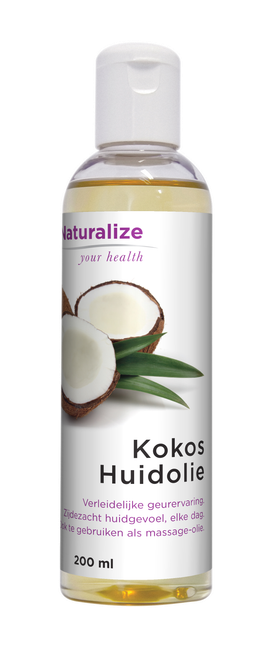 Naturalize Kokosnootolie fles 200ml wit deksel kokosnoot afbeelding op label.