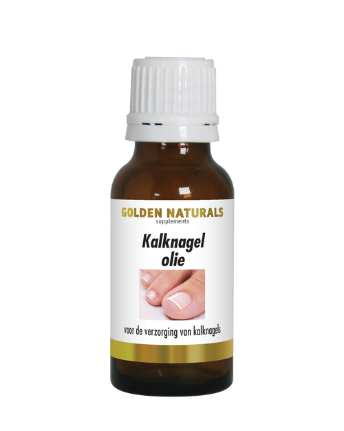 Golden Naturals Kalknagelolie, een olie voor nagelverzorging, bruine fles met wit deksel en gouden details.