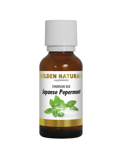 Golden Naturals Japanse Pepermunt olie, wit etiket met groene muntblaadjes en gouden rand.