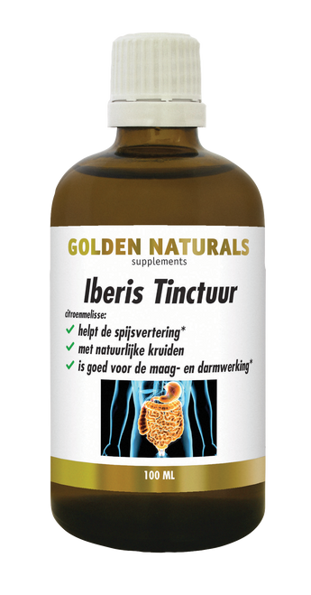 Golden Naturals Iberis Tinctuur fles, bruin glas, wit deksel, 100ml, kruidentinctuur voor spijsvertering.