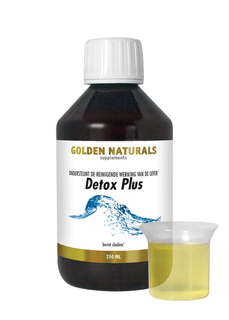 Golden Naturals Detox Plus fles 250ml met wit deksel en gele vloeistof in maatbeker.