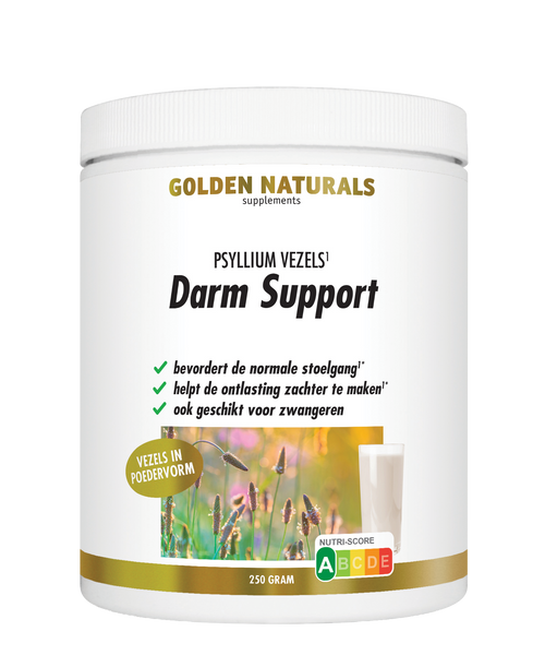 Golden Naturals Darm Support psyllium vezels poeder, wit potje met gouden deksel en etiket.
