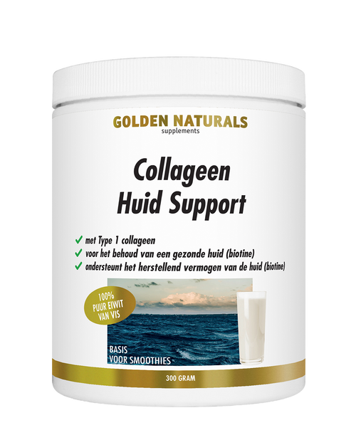 Golden Naturals Collageen Huid Support supplement pot met witte deksel en gouden details.