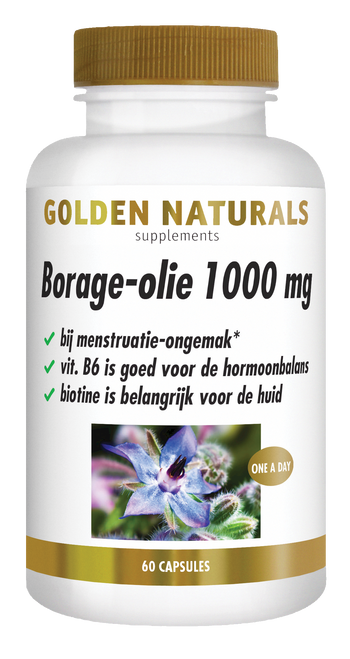 Golden Naturals Borage-olie 1000 mg, wit flesje met gouden deksel en bloemafbeelding.