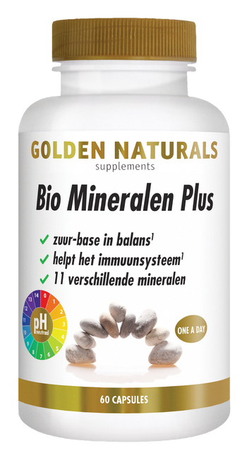 Golden Naturals Bio Mineralen Plus supplement flesje met 60 capsules, wit met gouden deksel en label.