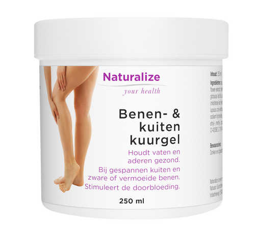 Naturalize Benen- & kuitenkuurgel, 250ml, wit pot met vrouwelijke benen en kuiten.