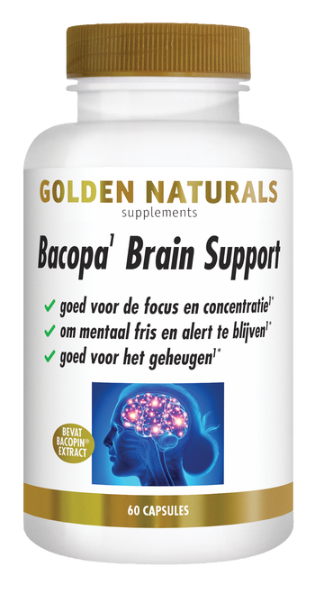 Golden Naturals Bacopa Brain Support supplement pot met 60 capsules, wit met gouden deksel en label.