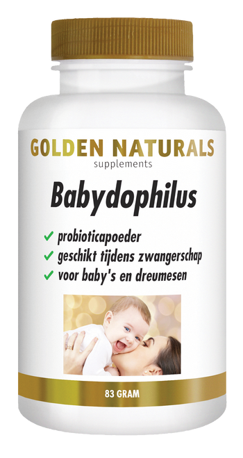 Golden Naturals Babydophilus probioticapoeder, 83 gram, wit potje met gouden deksel en label.
