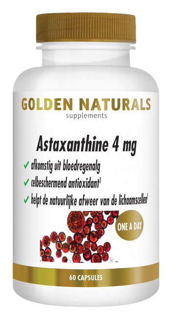 Golden Naturals Astaxanthine 4 mg, 60 capsules, wit flesje met gouden deksel en rode capsules.