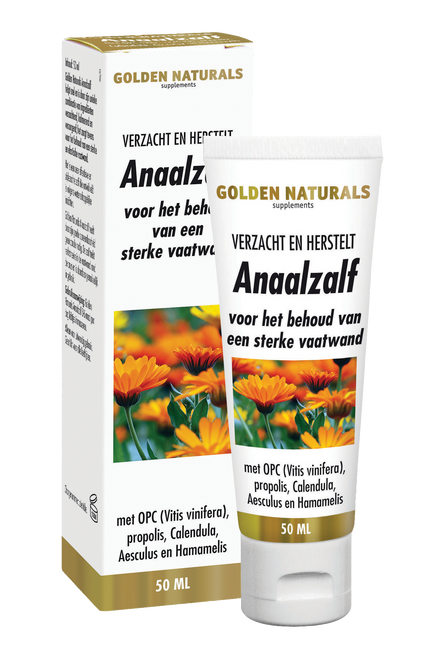 Golden Naturals Anaalzalf, 50ml, witte tube met gouden en zwarte tekst, bloemen afbeelding.