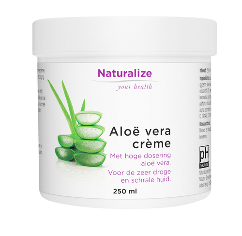 Naturalize Aloë vera-crème, 250ml, wit potje met groene aloë vera illustratie.