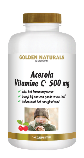 Golden Naturals Acerola Vitamine C 500 mg vitamine supplement flesje met gouden deksel en rode vruchten