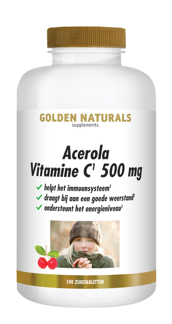 Golden Naturals Acerola Vitamine C 500 mg wit potje met gouden deksel en rode kersen illustratie.
