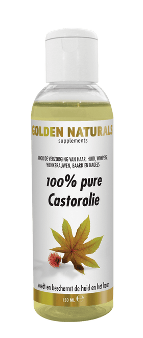 Golden Naturals 100% pure Castorolie flesje met witte dop en etiket met groene bladillustratie.