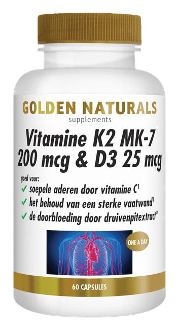 Golden Naturals Vitamine K2 MK-7 200 mcg & D3 25 mcg, 60 capsules, witte fles.