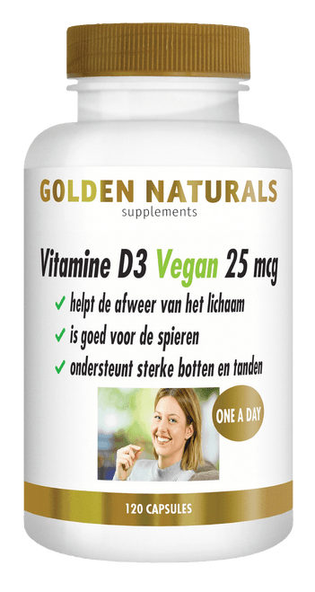 Golden Naturals Vitamine D3 Vegan 25 mcg, witte fles met gouden deksel en 120 capsules.