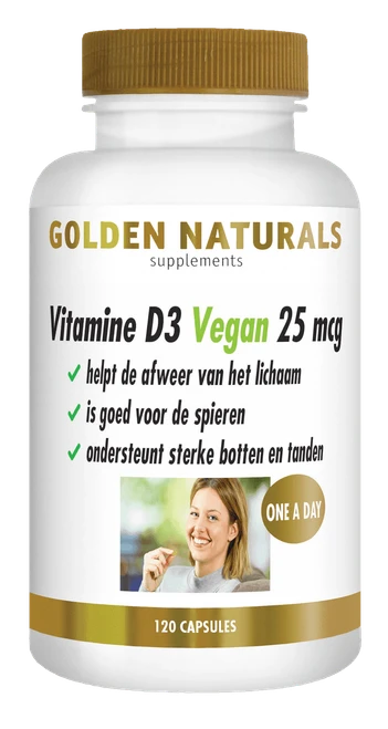 Vitamine D3 Vegan 25 mcg supplementen pot van Golden Naturals met gouden deksel en etiket.