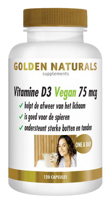 Golden Naturals Vitamine D3 Vegan 75 mcg supplement flesje met gouden deksel en etiket.