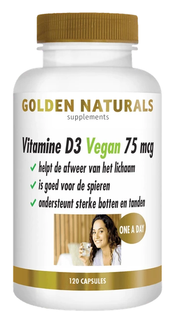 Golden Naturals Vitamine D3 Vegan 75 mcg supplement flesje met gouden deksel en etiket.
