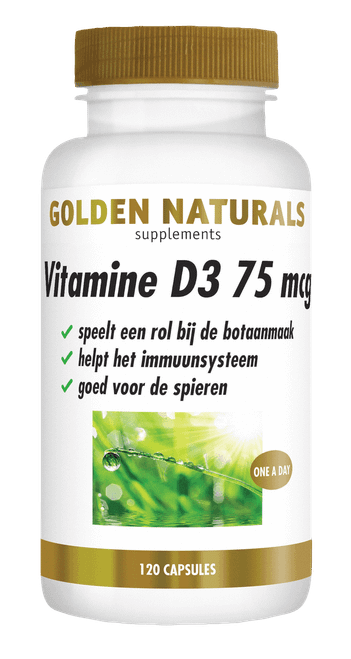 Golden Naturals Vitamine D3 75 mcg, 120 capsules, wit flesje met gouden deksel en band.