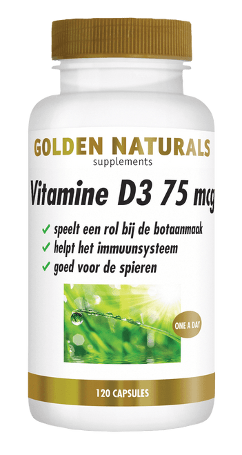 Golden Naturals Vitamine D3 75 mcg witte fles met gouden deksel en etiket met groene afbeelding.