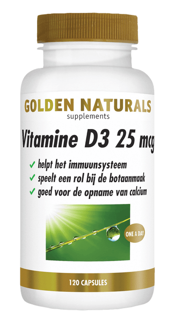 Golden Naturals Vitamine D3 25 mcg supplement flesje met gouden deksel en 120 capsules.