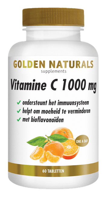 Vitamine C 1000 mg met bioflavonoïden, 60 tabletten, Golden Naturals, wit en goudkleurig flesje.
