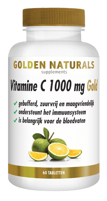 Vitamine C 1000 mg Gold supplementen van Golden Naturals, witte fles met gouden deksel en label.