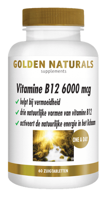 Golden Naturals Vitamine B12 6000 mcg, witte fles met gouden deksel en etiket.