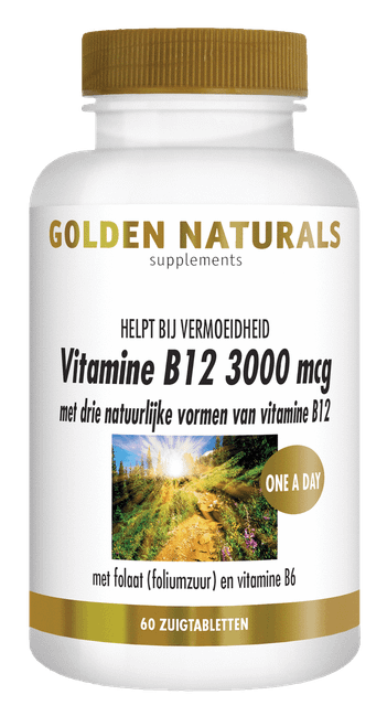 Golden Naturals Vitamine B12 3000 mcg, 60 zuigtabletten, wit flesje met gouden deksel en label.