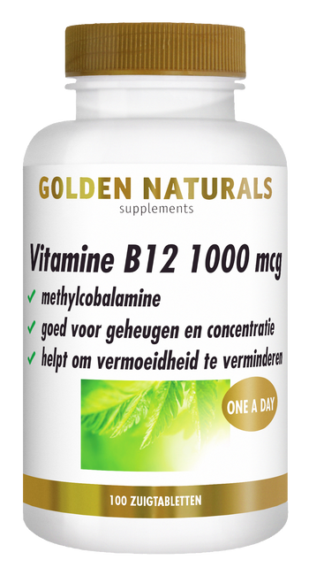 Golden Naturals Vitamine B12 1000 mcg, witte fles met gouden deksel en etiket.