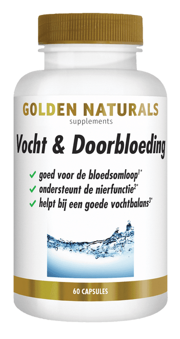 Golden Naturals Vocht & Doorbloeding supplement pot met 60 capsules, wit met gouden deksel en band.