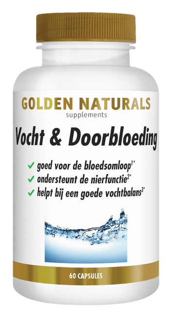 Golden Naturals Vocht & Doorbloeding supplement flesje wit met gouden deksel en 60 capsules.