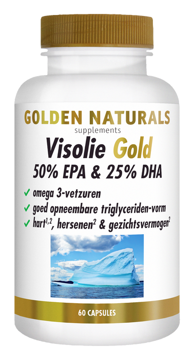 Golden Naturals Visolie Gold supplementen flesje met 60 capsules, 50% EPA & 25% DHA.