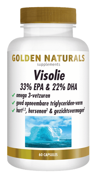 Golden Naturals Visolie supplementen flesje met 60 capsules, 33% EPA & 22% DHA visolie.