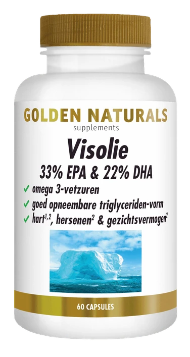 Golden Naturals Visolie 33% EPA & 22% DHA, 60 capsules, wit en goudkleurig flesje.