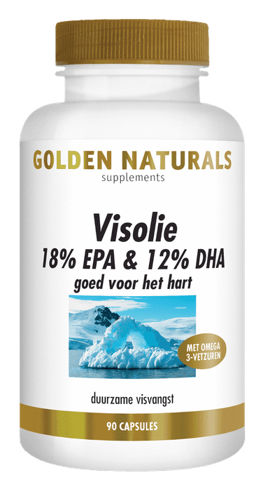 Golden Naturals Visolie supplementen flesje met 90 capsules, 18% EPA & 12% DHA.