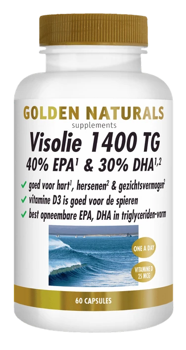 Golden Naturals Visolie 1400 TG 40% EPA & 30% DHA supplement flesje met capsules.