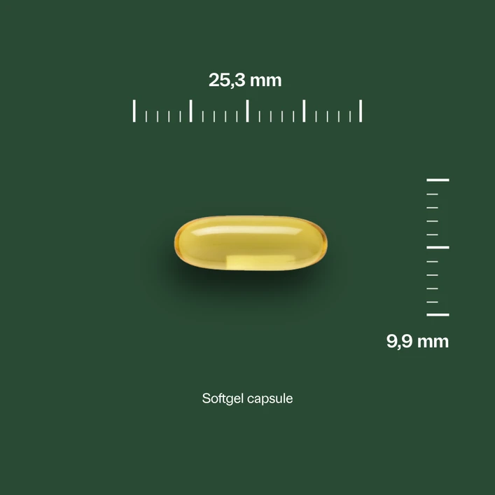 Gouden capsule van Visolie 1400 TG 40% EPA & 30% DHA van Golden Naturals, 25,3x9,9mm.