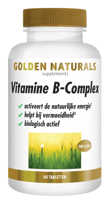 Vitamine B-Complex supplement van Golden Naturals, 60 tabletten, wit potje met gouden deksel en streep.