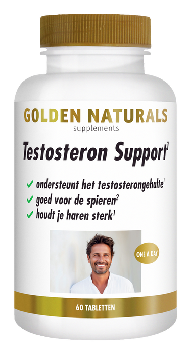 Golden Naturals Testosteron Support, 60 tabletten, wit flesje met gouden deksel en label.