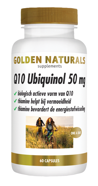 Golden Naturals Q10 Ubiquinol 50 mg, wit flesje met gouden deksel en etiket met twee vrouwen.