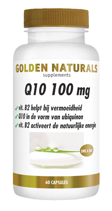 Golden Naturals Q10 100 mg, wit flesje met gouden deksel en 60 capsules.
