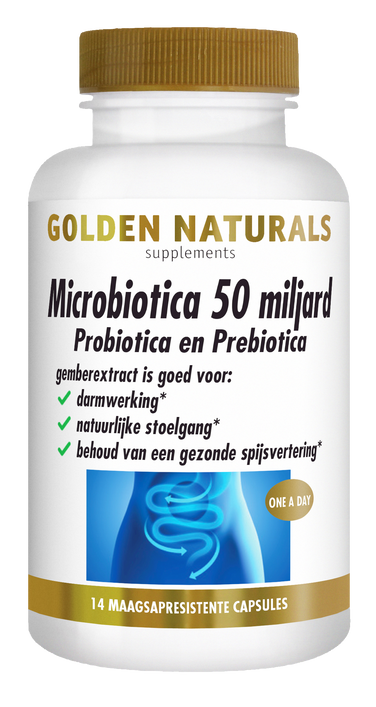 Golden Naturals Microbiotica 50 miljard supplement fles wit met gouden deksel en etiket.