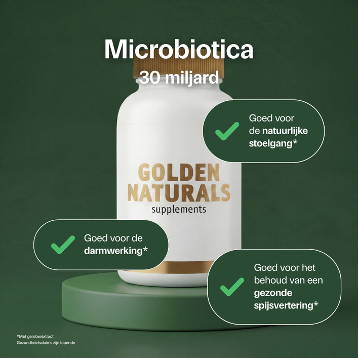 Golden Naturals Microbiotica 30 miljard supplementen fles met maagsapresistente capsules in wit en goud.