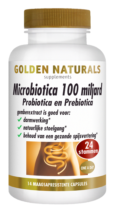 Golden Naturals Microbiotica 100 miljard supplement pot met gouden deksel en witte fles.