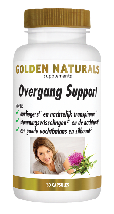 Golden Naturals Overgang Support supplementen flesje met gouden deksel en etiket met vrouw en bloem.