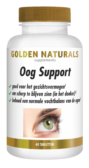 Golden Naturals Oog Support supplementen flesje met 60 tabletten voor ooggezondheid.