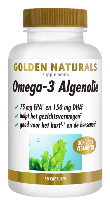 Golden Naturals Omega-3 Algenolie supplementen flesje met gouden deksel en 60 capsules.