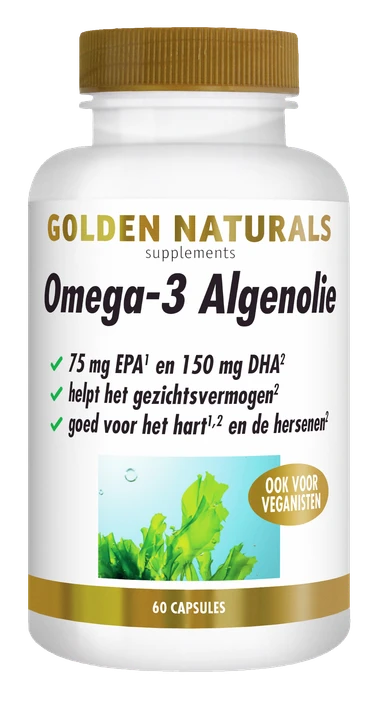 Golden Naturals Omega-3 Algenolie supplement flesje met 60 capsules, wit met gouden deksel en label.
